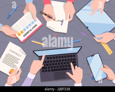 Teamwork top view. Business managers working together sitting at table and holding papers and smartphones writing at laptop garish vector background Stock Vector