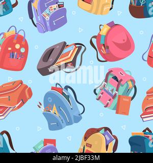 School bags pattern. Education accessories and textile containers for students exact vector seamless background Stock Vector