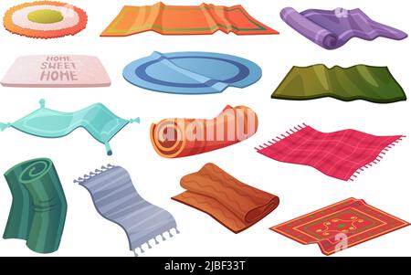 Cozy carpets. Wool textile crafted large rugs exact vector colored waved carpets Stock Vector