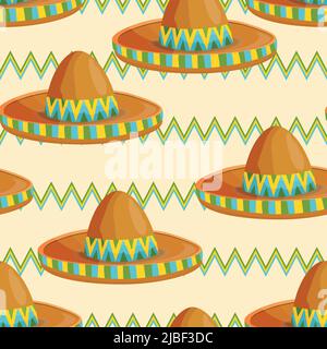 Seamless pattern with ethnic sombrero hat on color background. Vector drawing illustration for packaging, fabric, textile. Wild west, Mexico concept Stock Vector
