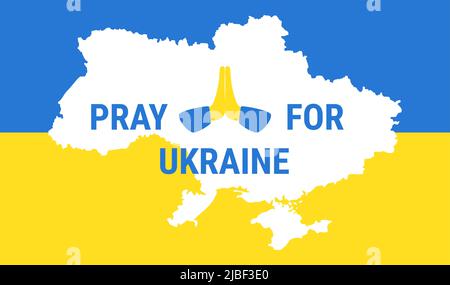Pray for Ukraine message on map of Ukraine. Hands of people of world community in prayer for peace, freedom and security of Ukrainian citizens flat vector illustration. Peace, hope, stop war concept Stock Vector