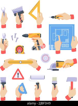 Tools hands holding. Professional equipment for workers tools for constructions hammer saw nails garish vector cartoon set isolated Stock Vector