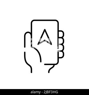 Hand holding a smartphone with a navigation app on it. Pixel perfect, editable stroke line icon Stock Vector