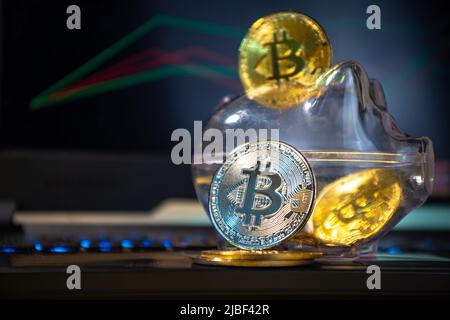 Bitcoin background, cryptocurrency virtual currency market concept. Gold silver bitcoin coins with piggy bank on the background of a laptop with an ex Stock Photo