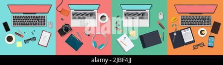 Top view of workplace with computer and digital wireless devices set vector illustration. Cartoon workspace with paper business documents, laptop, pen, coffee cup on office desk collection background Stock Vector