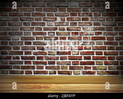 Old wooden table and brick wall. Empty wooden table top with old brick wall background. Rustic wooden board on darken backdrop. Product display templa Stock Photo
