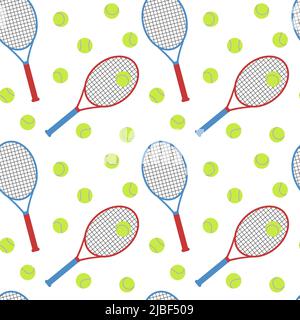 Tennis seamless pattern. Tennis rackets and balls on white background. Sports equipment pattern. Flat vector illustration. Stock Vector