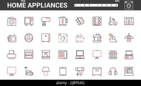 Household electric equipment, home appliances thin red and black line icons set vector illustration. Abstract domestic utensils and devices for cooking food in kitchen, cleaning house, hair care Stock Vector