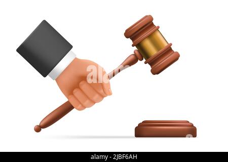 3d hand of judge with gavel vector illustration. Arm of lawyer in suit holding wooden hammer on auction or court hearing, symbol of legislation authority isolated on white. Justice, judgement concept Stock Vector