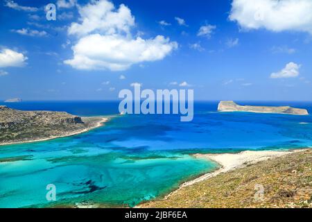 Idyllic beach of Balos (or Mpalos), a famous, magical shore of turquoise waters near Chania town, in Crete island, Greece, Europe. Stock Photo
