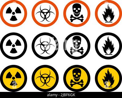 Dangerous concept. Set of different signs of chemical, radioactive, toxic, poisonous, hazardous substances. Vector illustration Stock Vector