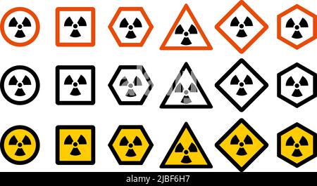 Industry concept. Set of different radiation hazard signs for your web site design, logo, app, UI. Radioactive nuclear symbol isolated on white backgr Stock Vector