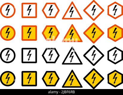 Dangerous concept. Set of different signs of chemical, radioactive, toxic, poisonous hazard. Danger sign from electricity and lightning. High voltage. Stock Vector