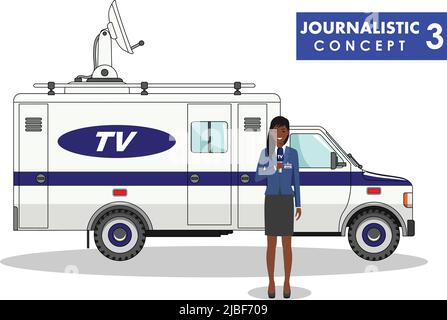 Detailed illustration of journalist and TV or news car in flat style on white background. Stock Vector