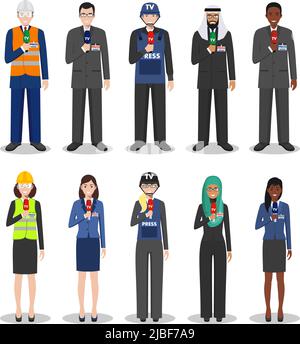 Detailed illustration of reporters and journalists in flat style on white background. Stock Vector