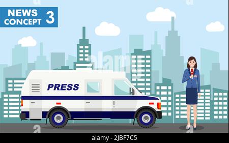 News concept. Detailed illustration of journalist and TV or news car in flat style on background with cityscape. Vector illustration. Stock Vector