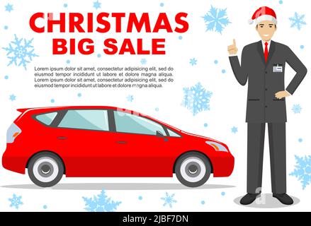 Christmas and New Year big sale. Smiling salesperson in the Santa Claus hat showing the car. Auto business car sale concept. Detailed illustration of Stock Vector