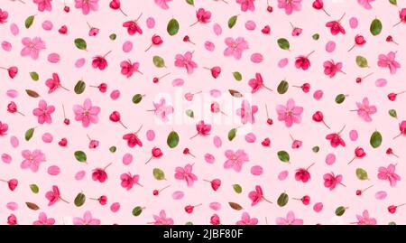 Seamless floral pattern of apple tree flowers buds leaves and petals on pink background flat lay top view Stock Photo
