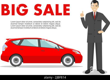 Smiling salesperson showing the car. Auto business car sale concept. Detailed illustration of businessman and red auto on white background in flat sty Stock Vector