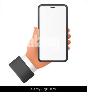 Human hand holding a smartphone. Using and working with mobile phone gadget 3d cartoon illustration Stock Vector