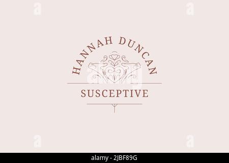 Elegant human hands holding vintage curved heart shape romantic flower design line art logo vector illustration. Blossom spring organic enamored datin Stock Vector