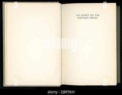 Original inside book title page of All Quiet on the Western Front by Eric Maria Remarque, This American edition was published in 1929 Stock Photo