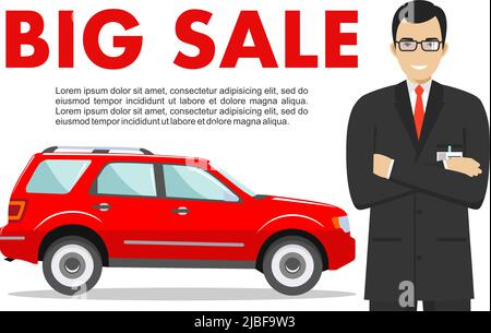 Smiling salesperson showing the car. Auto business car sale concept. Detailed illustration of businessman and red auto on white background in flat sty Stock Vector