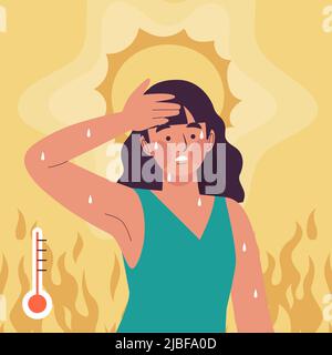 Flat summer heat illustration with woman and thermometer Vector illustration. Stock Vector