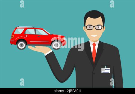 Smiling salesperson showing the car. Auto business car sale concept. Detailed illustration of businessman and red auto in flat style. Dealer with a ca Stock Vector