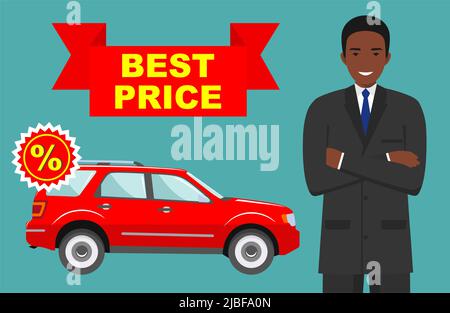 Smiling salesperson showing the car. Auto business car sale concept. Detailed illustration of african american businessman and red auto in flat style. Stock Vector