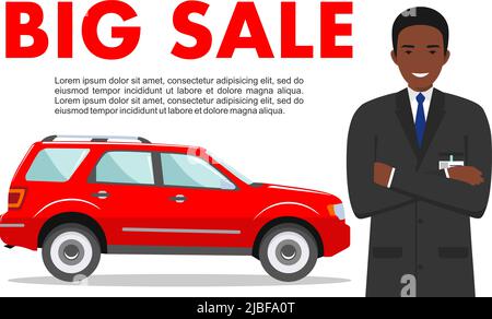 Smiling salesperson showing the car. Auto business car sale concept. Detailed illustration of african american businessman and red auto on white backg Stock Vector