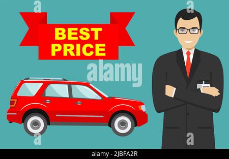 Smiling salesperson showing the car. Auto business car sale concept. Detailed illustration of businessman and red auto in flat style. Dealer with car. Stock Vector