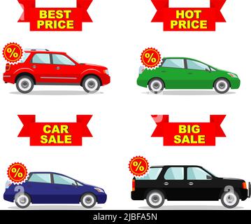 Car showroom. Big sale. Hot price. Best price. Set of discount icons for cars. Colored business class automobile isolated on white background in flat Stock Vector