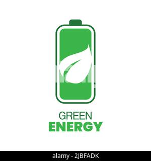 Green leaf and battery sign. Eco energy logo template. Vector illustration Stock Vector