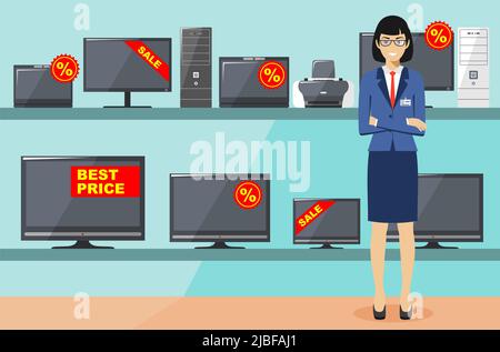 Big sale. Detailed illustration of the seller on the background of shelves with appliances in flat style. Salesman in the electrical shop. Cartoon vec Stock Vector