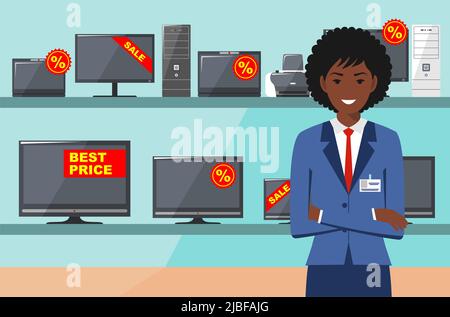 Big sale. Detailed illustration of the seller on the background of shelves with appliances in flat style. Salesman in the electrical shop. Cartoon vec Stock Vector