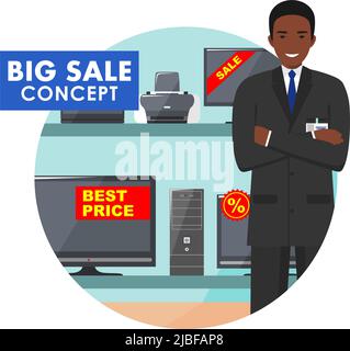 Big sale. Detailed illustration of the seller on the background of shelves with appliances in flat style. Salesman in the electrical shop. Cartoon vec Stock Vector