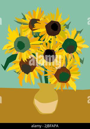 Hand drawn sunflowers greeting cards. Sunflowers of Van Gogh, vector illustration Stock Vector