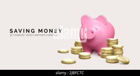 Pink piggy bank with stack of gold coins. Money savings concept. 3D realistic pig and money. Finance investment and business banner. Vector illustrati Stock Vector