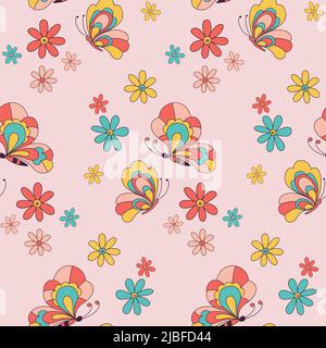 Retro 70s 60s Floral Hippie Summer Groovy Butterfly Flower Power Flower Child vector seamless pattern. Retro colours butterflies among flowers. Stock Vector