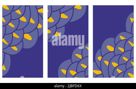Social media templates or posters with semicircles in squama style. Abstract geometric background with japanese waves. Blue yellow fish skin design. V