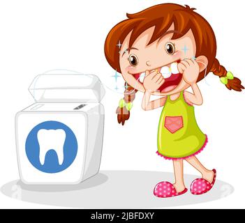 Cute girl cartoon character flossing teeth illustration Stock Vector