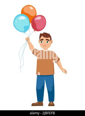 Boy holding balloons. Character in cartoon style. Stock Vector