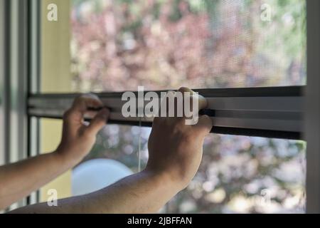 Man hands holding retractable insect screen holder to open or close it. Stock Photo