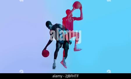 Professional sportsman playing basketball on colorful background, collage Stock Photo
