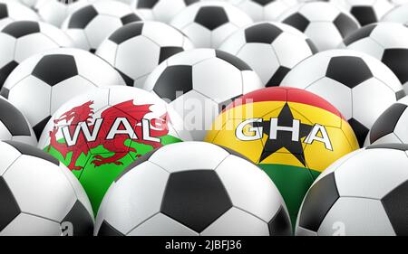 Ghana vs. Wales Soccer Match - Leather balls in Ghana and Wales national colors. 3D Rendering Stock Photo