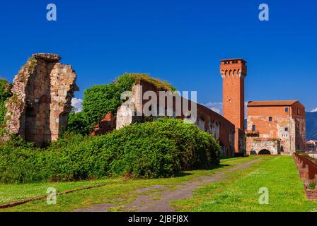 Ancient walls ruins and medieval tower of Pisa 'Old Citadel' fortress, now a public park Stock Photo