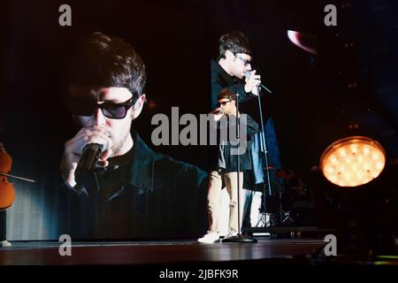 June 5, 2022, Turin, Turin, Italy: The Roman singer-songwriter Flavio Bruno Pardini, known as Gazzelle, on the stage of the Pala Alpitour in Turin  (Credit Image: © Bruno Brizzi/Pacific Press via ZUMA Press Wire) Stock Photo