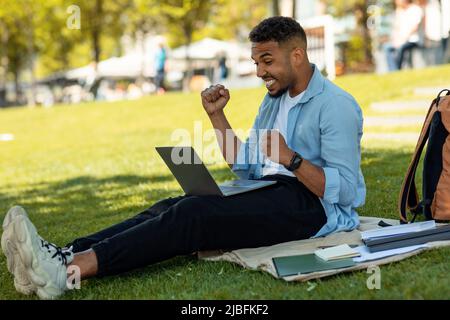 Emotional african american guy looking at laptop screen, screaming happily and raising hands up, sitting in park Stock Photo