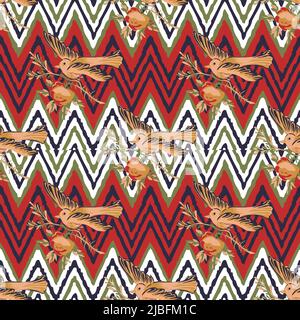 Hand drawn bird flying with flower roses on zigzag pattern red background. Ethnic vintage seamless print. Vector illustration for design, fashion, tex Stock Vector
